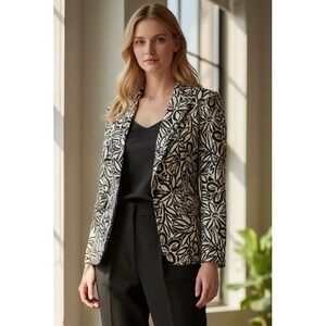 Jones New York Stretch Floral Print Blazer Jacket Women Size 12 Black White